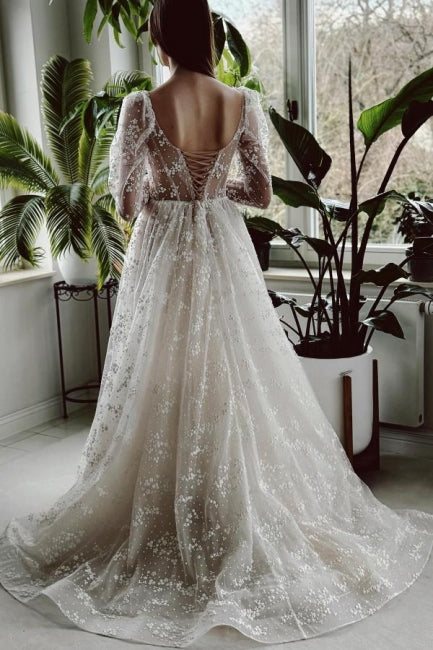 Dressystars Ivory A Line Wedding Dress Sleeves Lace Bridal Gown With Slit