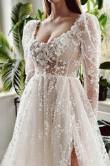 Dressystars Ivory A Line Wedding Dress Sleeves Lace Bridal Gown With Slit