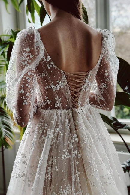 Dressystars Ivory A Line Wedding Dress Sleeves Lace Bridal Gown With Slit