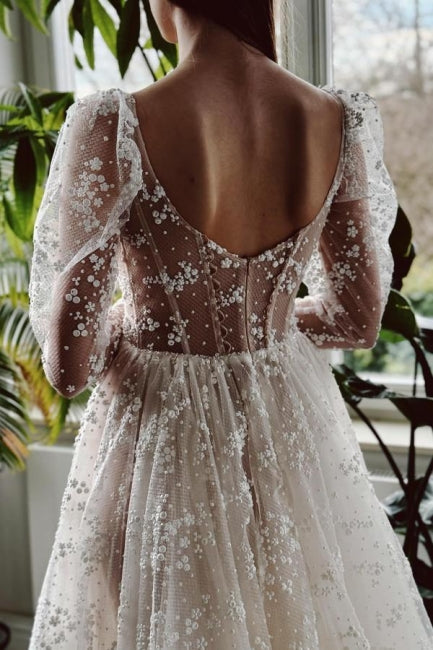Dressystars Ivory A Line Wedding Dress Sleeves Lace Bridal Gown With Slit