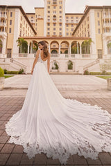 Dressystars Ivory A Line Wedding Dress Spaghetti Straps V Neck Lace Bridal Gown With Slit