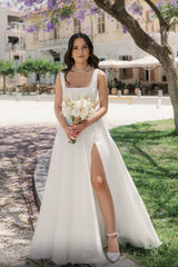 Dressystars Ivory A Line Wedding Dress Straps Tulle Sleeveless Bridal Gown With Slit