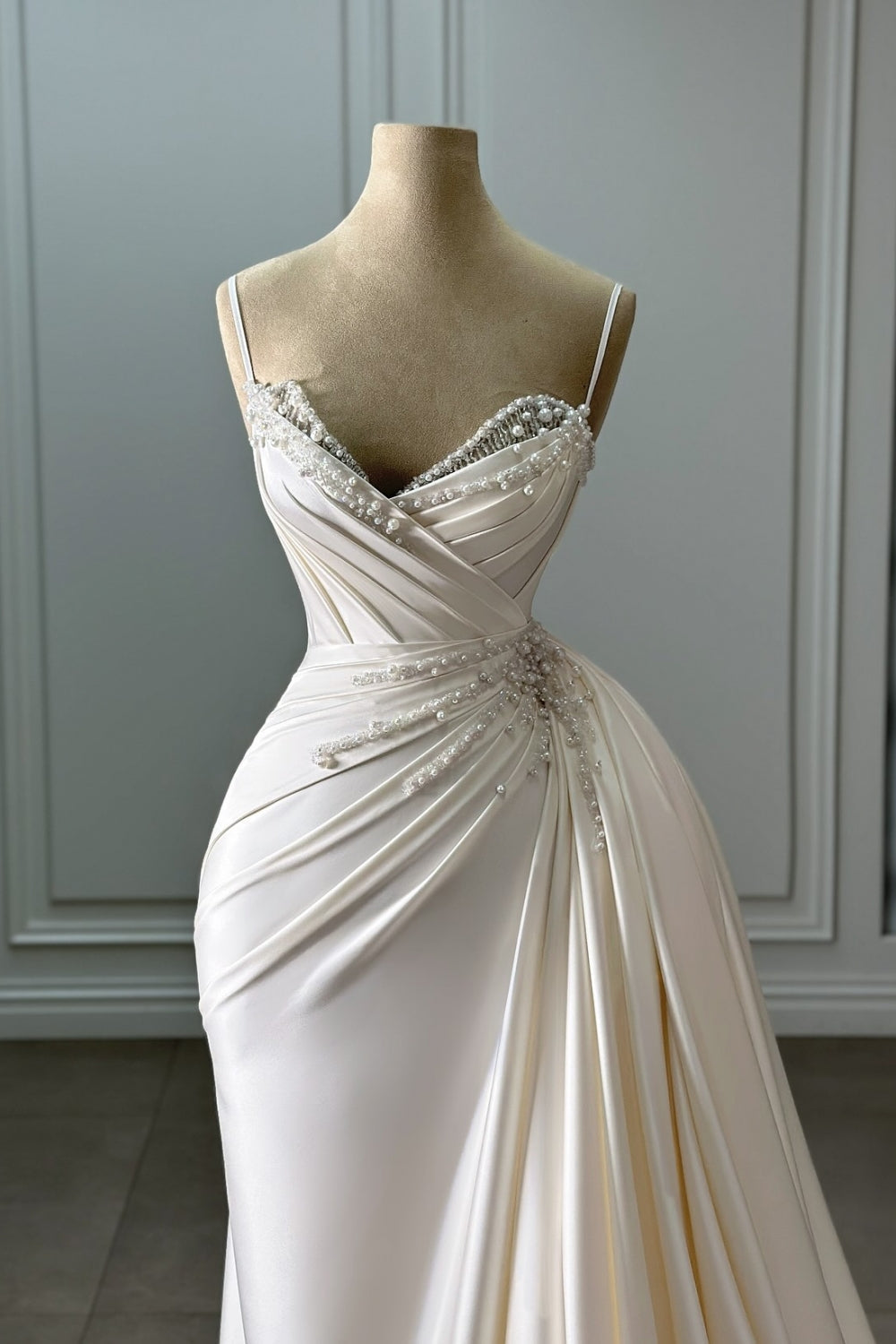 Dressystars Ivory Column Sweetheart Spaghetti Strap Sleeveless Beaded Panel Train Ruffle Satin Bridal Gown With Pearls