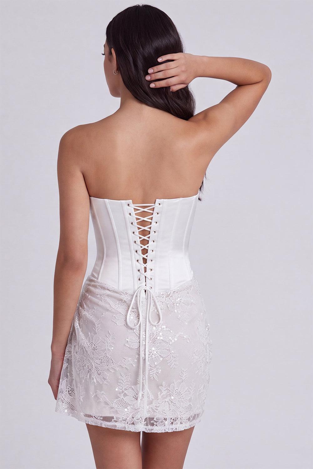 Dressystars Ivory Corset Lace Tight Ruched Strapless Short Engagement Dress
