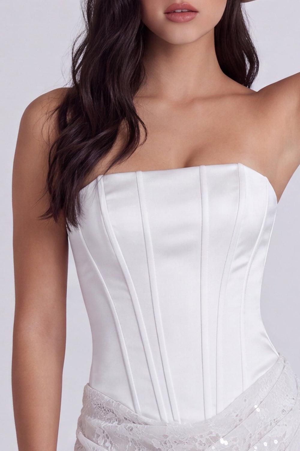 Dressystars Ivory Corset Lace Tight Ruched Strapless Short Engagement Dress