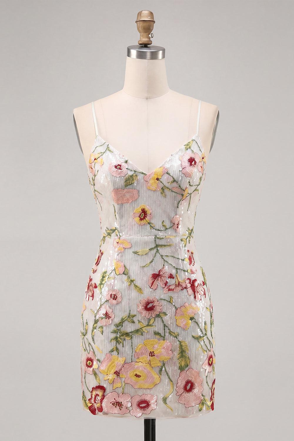 Dressystars Ivory Floral Spaghetti Straps Beaded Tight Short Homecoming Dress