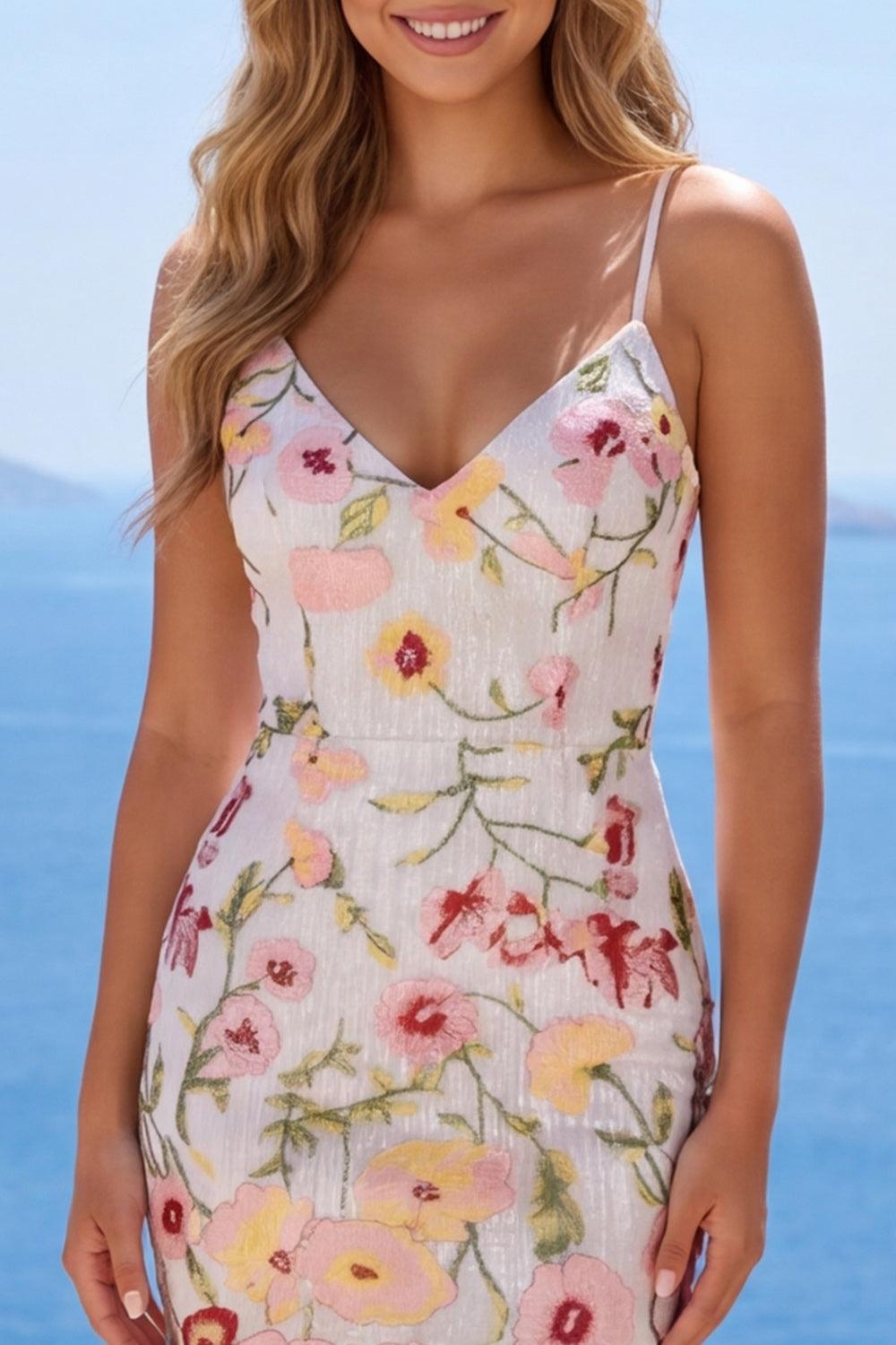 Dressystars Ivory Floral Spaghetti Straps Beaded Tight Short Homecoming Dress