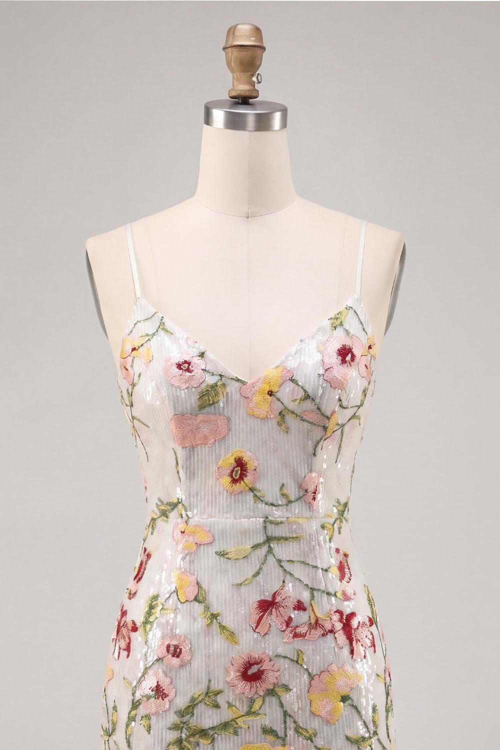 Dressystars Ivory Floral Spaghetti Straps Beaded Tight Short Homecoming Dress