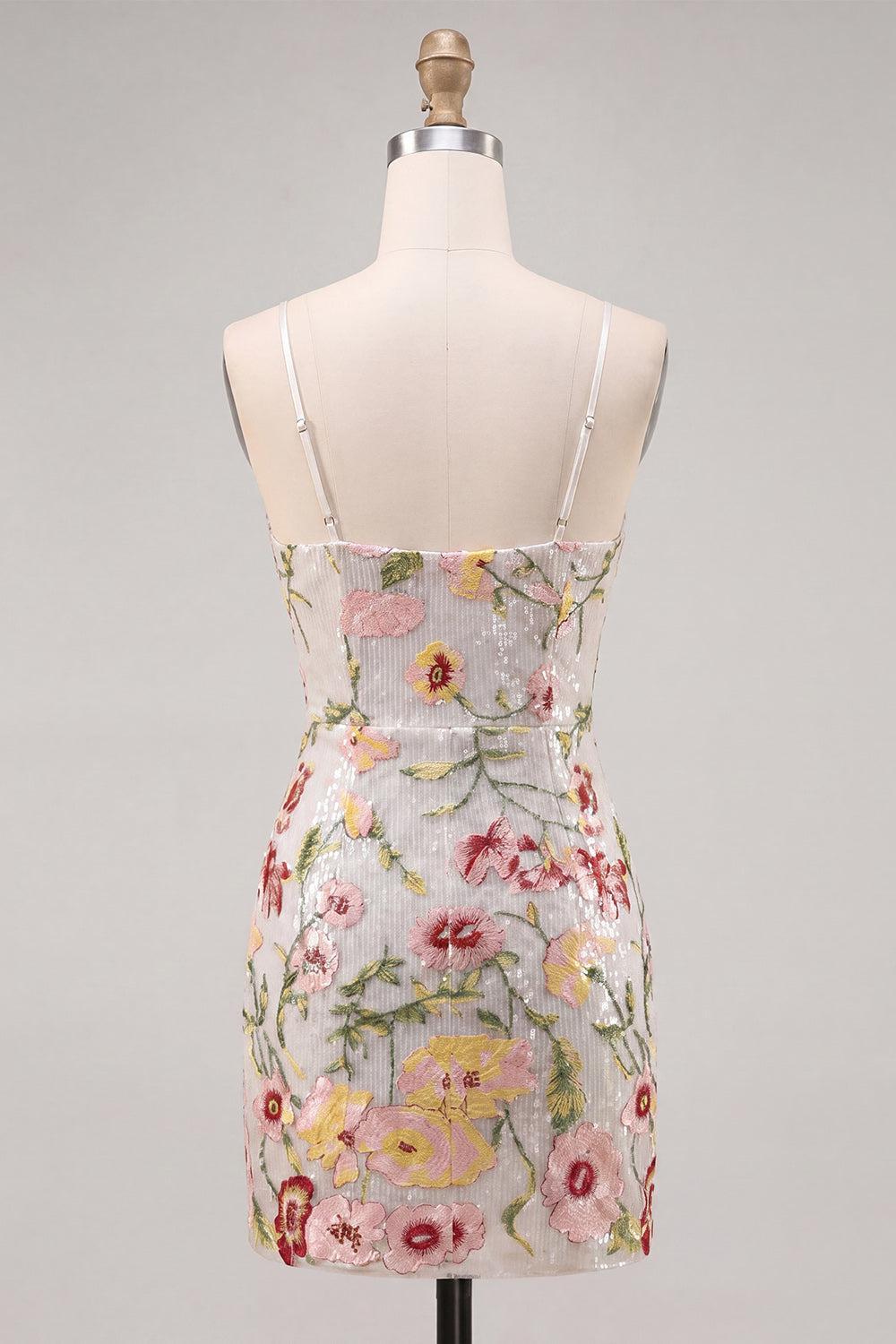 Dressystars Ivory Floral Spaghetti Straps Beaded Tight Short Homecoming Dress