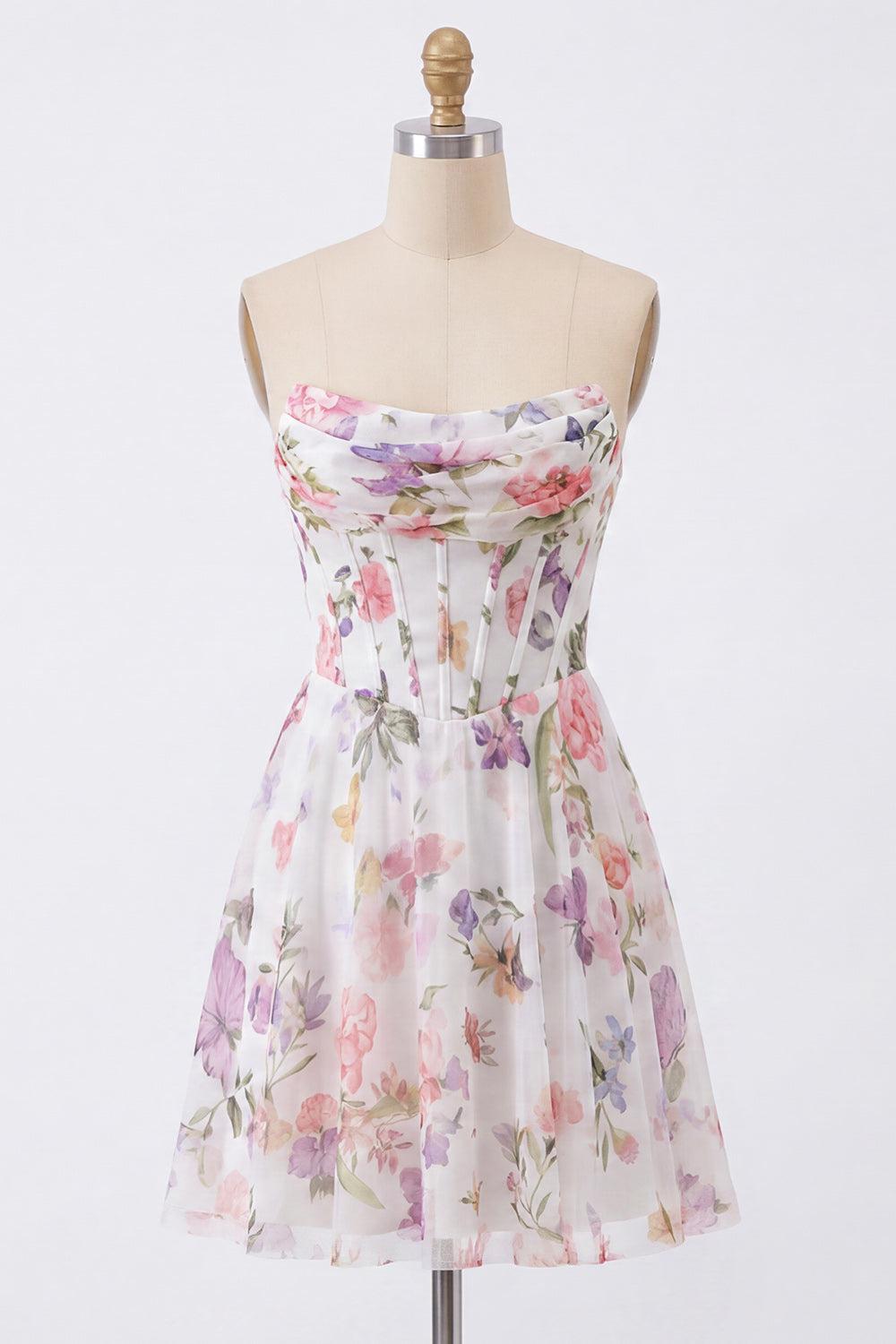 Dressystars Ivory Floral Strapless Corset A-Line Short Homecoming Dress