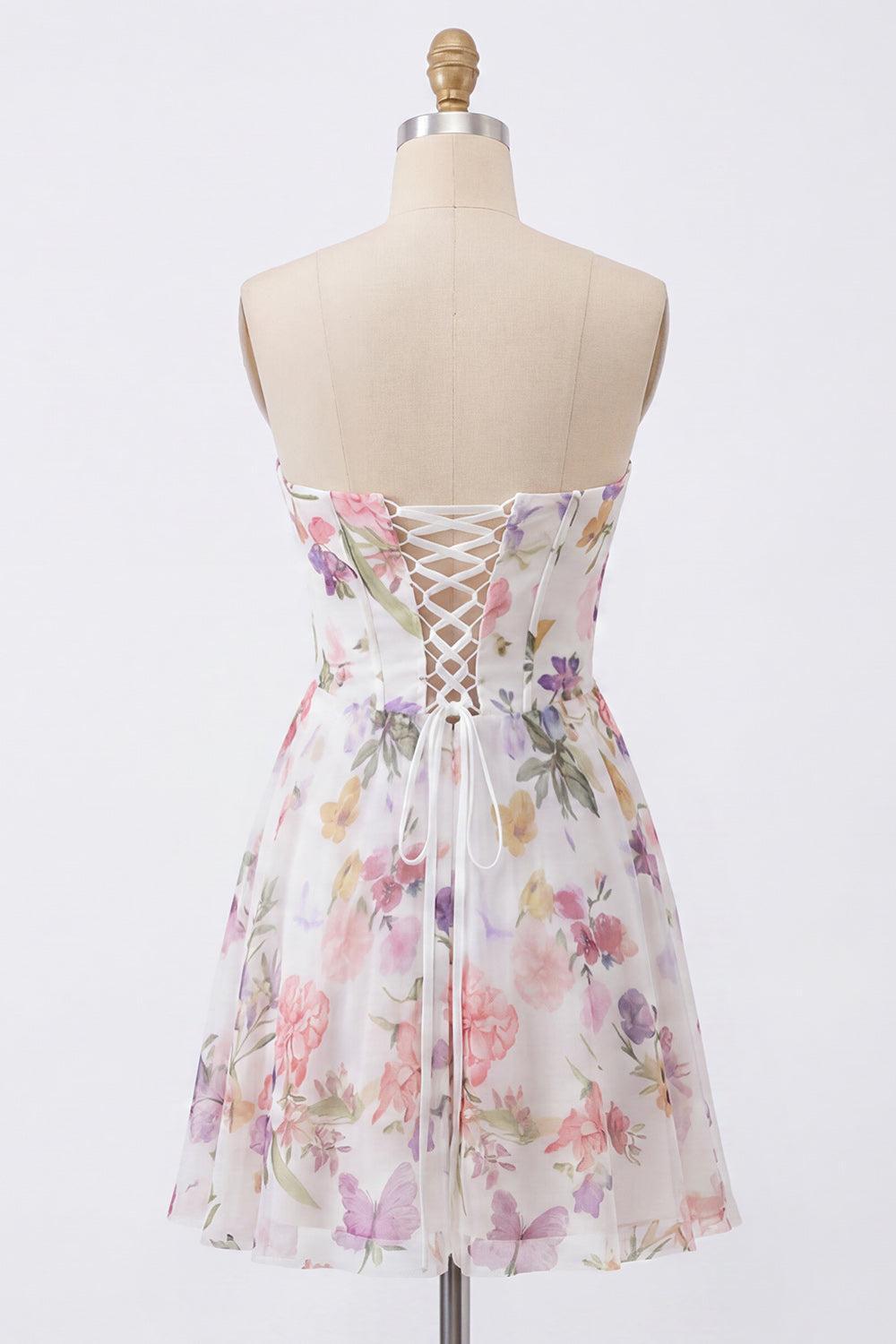 Dressystars Ivory Floral Strapless Corset A-Line Short Homecoming Dress