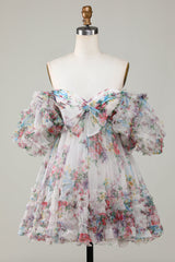 Dressystars Ivory Homecoming Dress Puff Sleeves A-Line Floral Short Prom Dress with Ruffles
