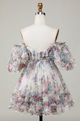 Dressystars Ivory Homecoming Dress Puff Sleeves A-Line Floral Short Prom Dress with Ruffles
