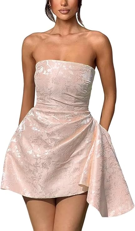 Dressystars Ivory Jacquard Homecoming Dress Satin Strapless Short Party Dress