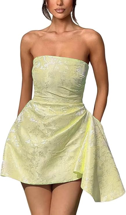 Dressystars Ivory Jacquard Homecoming Dress Satin Strapless Short Party Dress