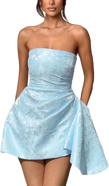 Dressystars Ivory Jacquard Homecoming Dress Satin Strapless Short Party Dress