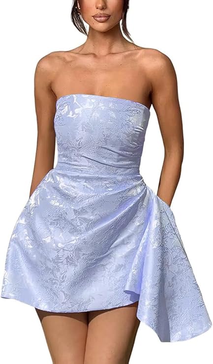 Dressystars Ivory Jacquard Homecoming Dress Satin Strapless Short Party Dress