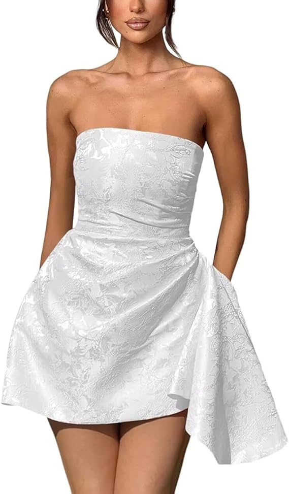 Dressystars Ivory Jacquard Homecoming Dress Satin Strapless Short Party Dress