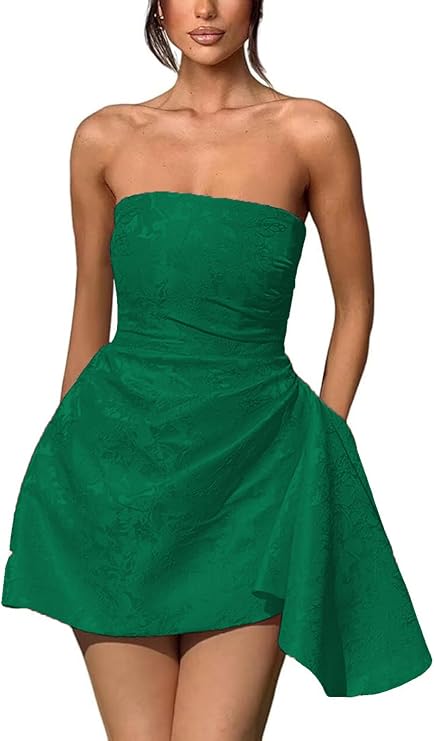 Dressystars Ivory Jacquard Homecoming Dress Satin Strapless Short Party Dress