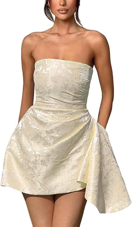Dressystars Ivory Jacquard Homecoming Dress Satin Strapless Short Party Dress
