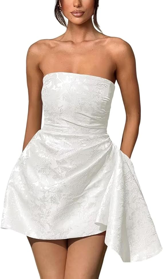 Dressystars Ivory Jacquard Homecoming Dress Satin Strapless Short Party Dress