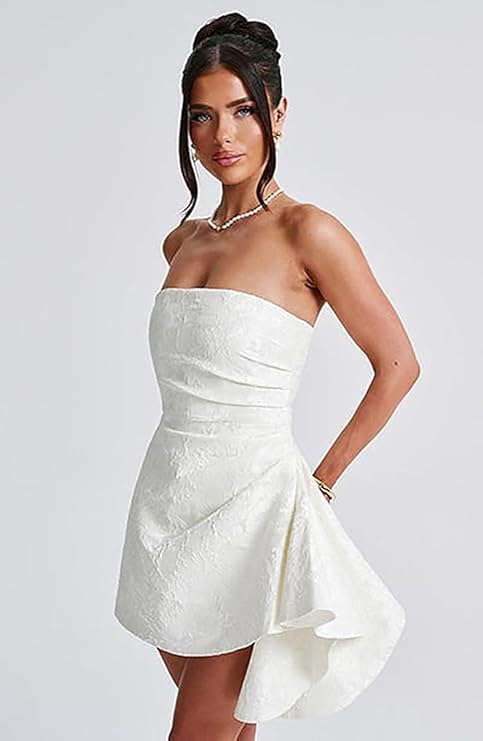 Dressystars Ivory Jacquard Homecoming Dress Satin Strapless Short Party Dress