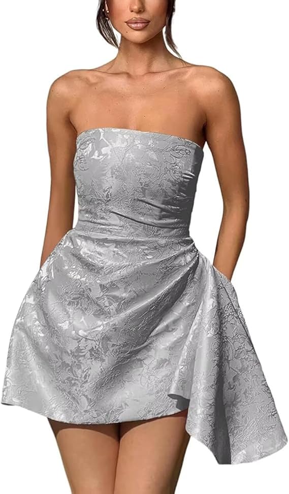 Dressystars Ivory Jacquard Homecoming Dress Satin Strapless Short Party Dress