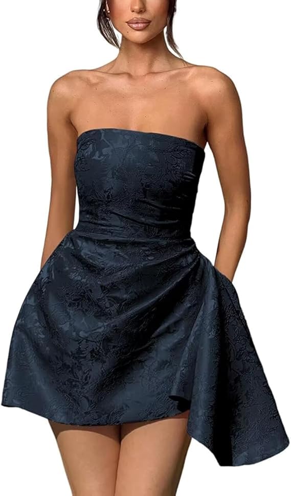 Dressystars Ivory Jacquard Homecoming Dress Satin Strapless Short Party Dress