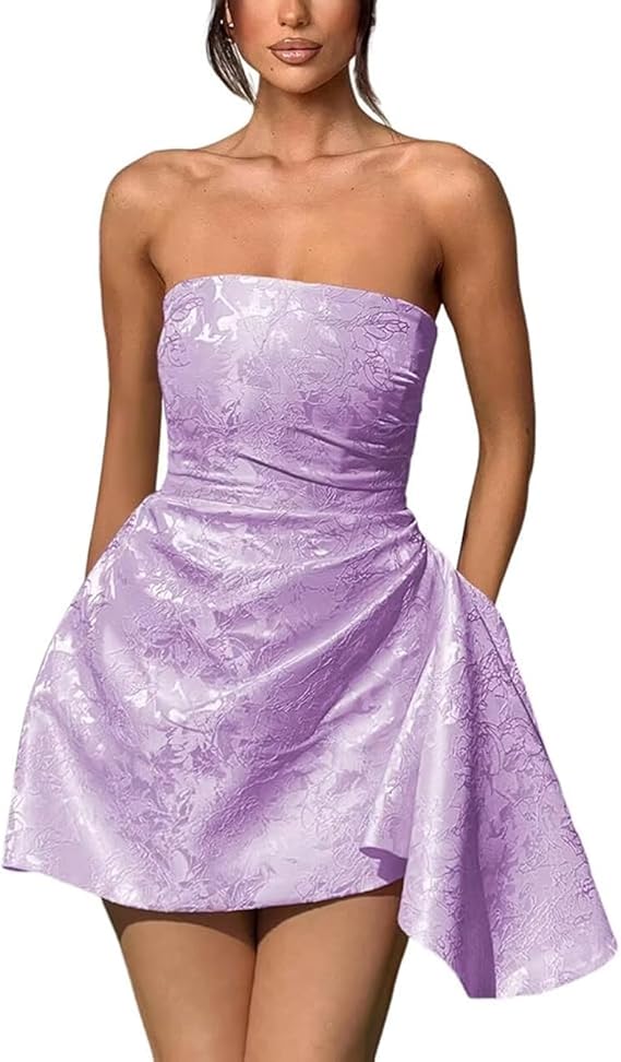 Dressystars Ivory Jacquard Homecoming Dress Satin Strapless Short Party Dress