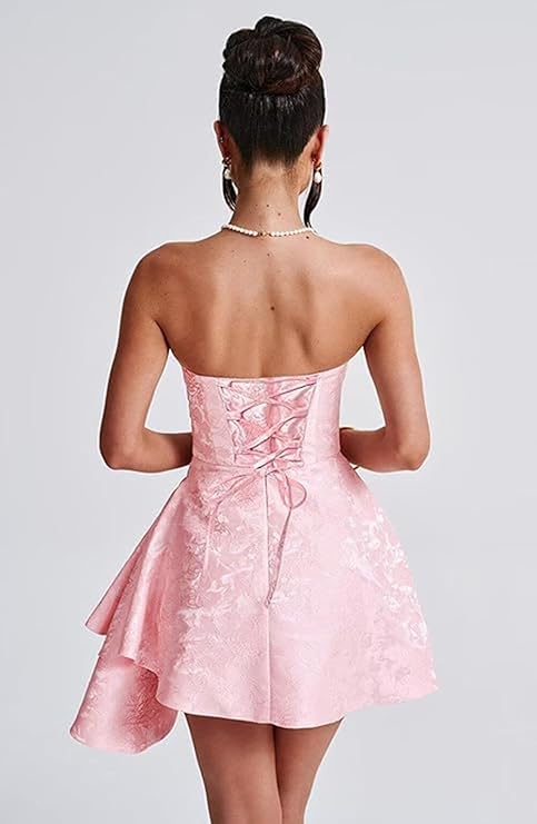Dressystars Ivory Jacquard Homecoming Dress Satin Strapless Short Party Dress