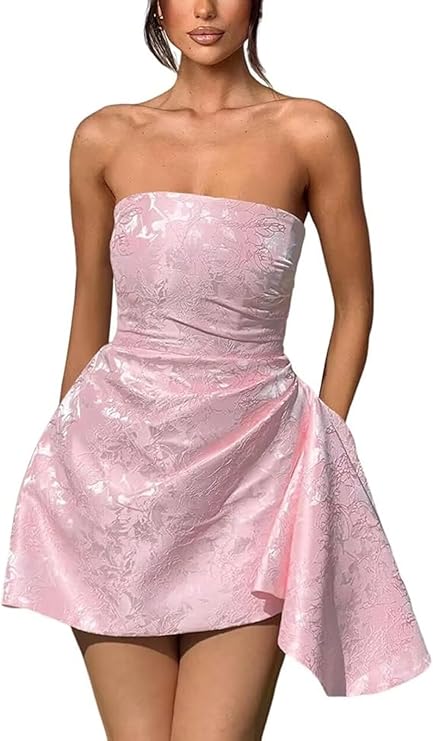 Dressystars Ivory Jacquard Homecoming Dress Satin Strapless Short Party Dress