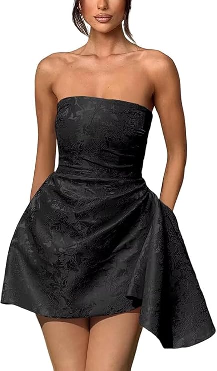 Dressystars Ivory Jacquard Homecoming Dress Satin Strapless Short Party Dress