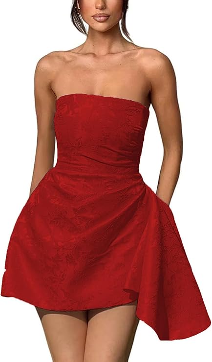 Dressystars Ivory Jacquard Homecoming Dress Satin Strapless Short Party Dress