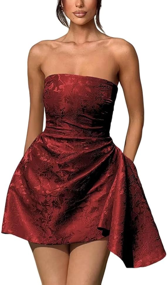 Dressystars Ivory Jacquard Homecoming Dress Satin Strapless Short Party Dress