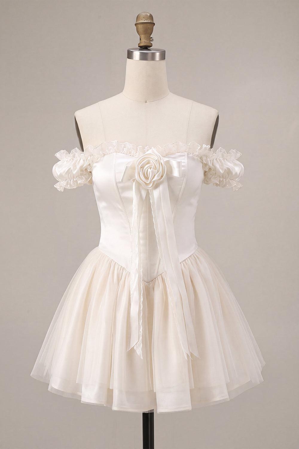 Dressystars Ivory Ruffled A Line Corset Short Homecoming Dress with 3D Flower