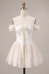Dressystars Ivory Ruffled A Line Corset Short Homecoming Dress with 3D Flower