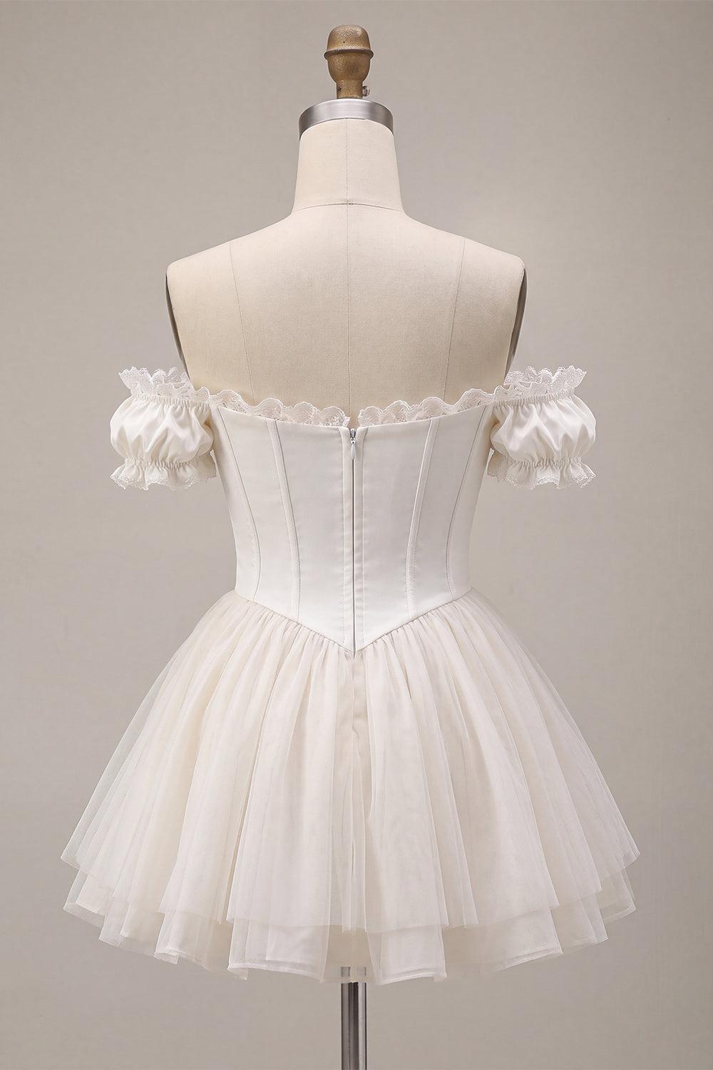 Dressystars Ivory Ruffled A Line Corset Short Homecoming Dress with 3D Flower