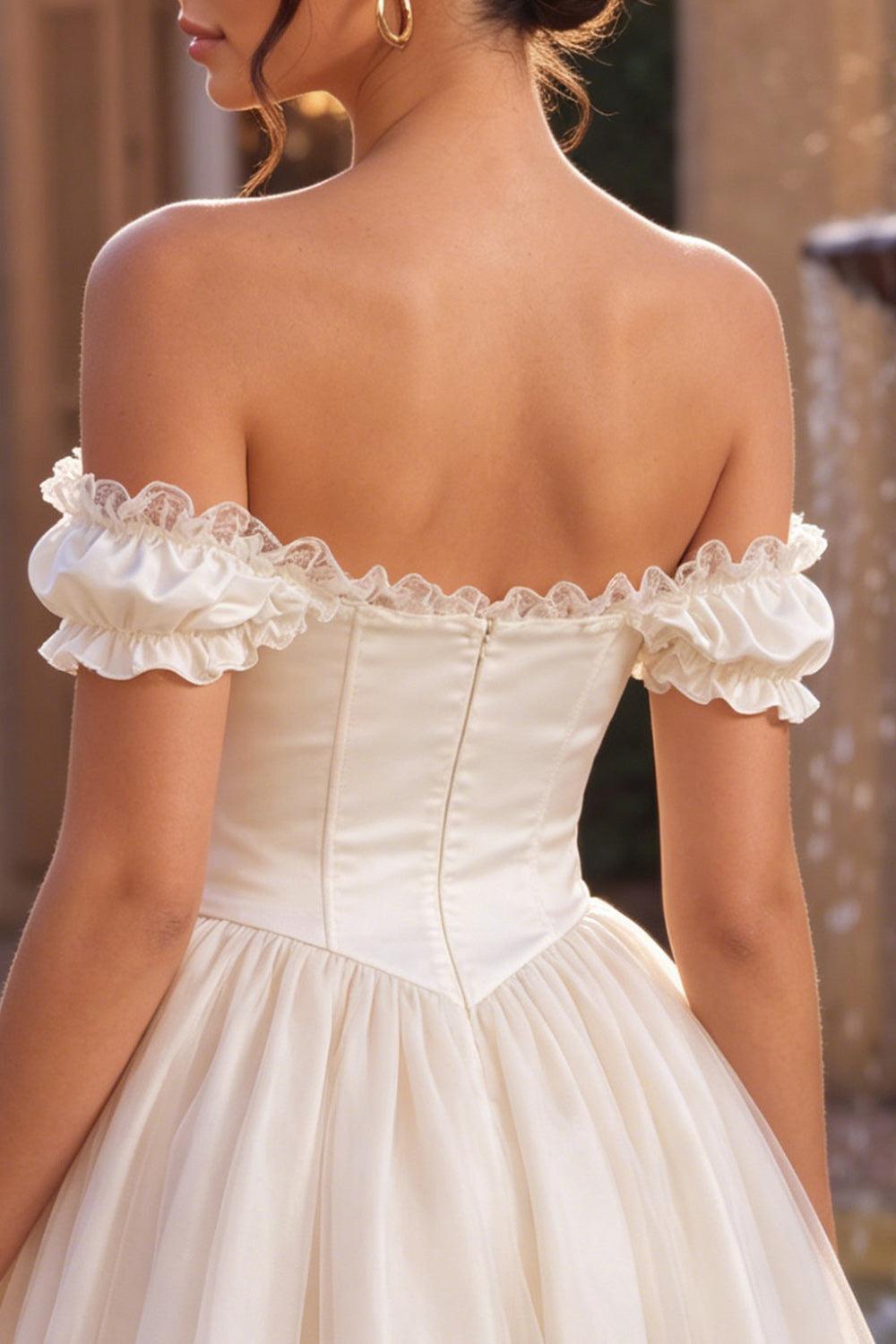 Dressystars Ivory Ruffled A Line Corset Short Homecoming Dress with 3D Flower