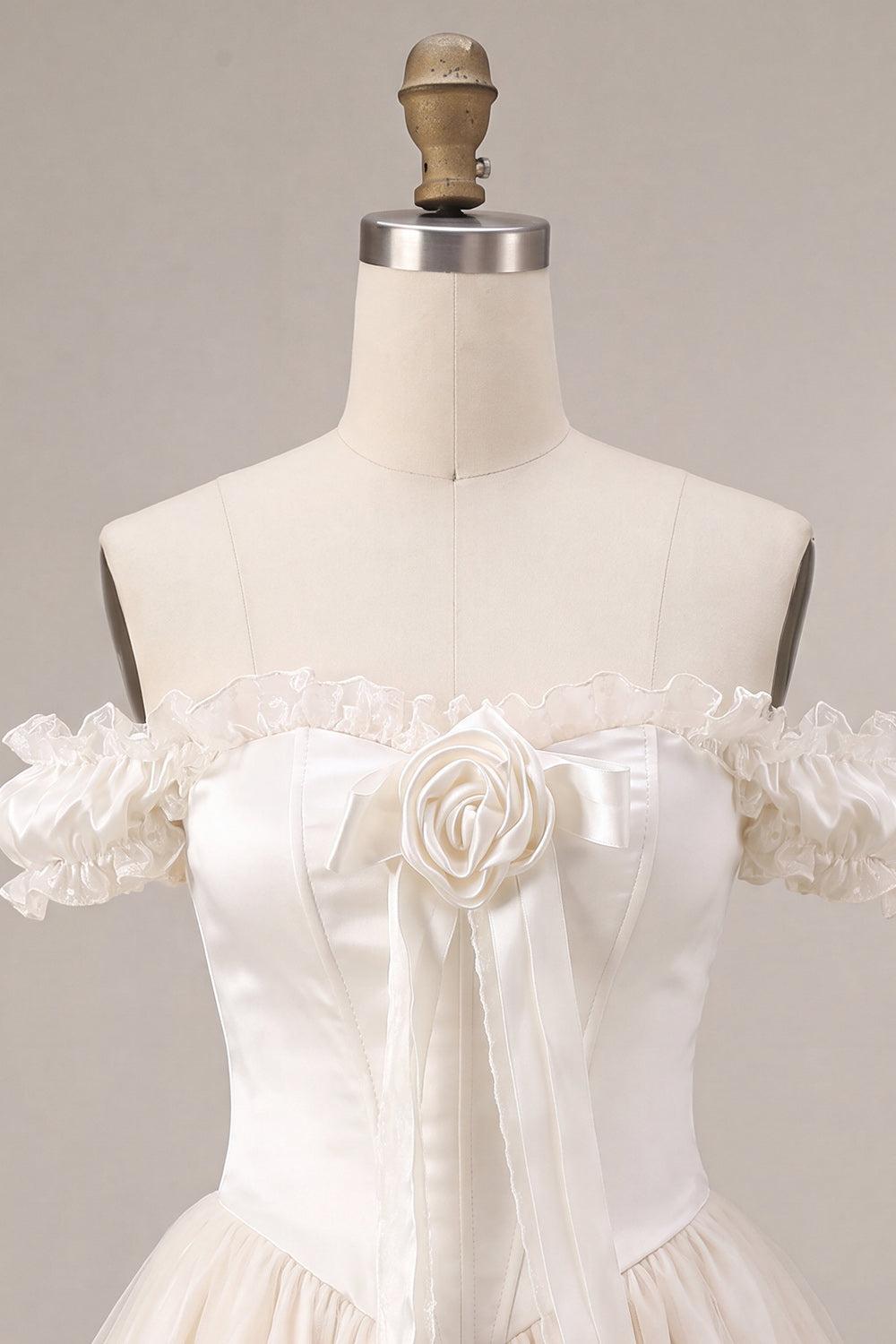 Dressystars Ivory Ruffled A Line Corset Short Homecoming Dress with 3D Flower
