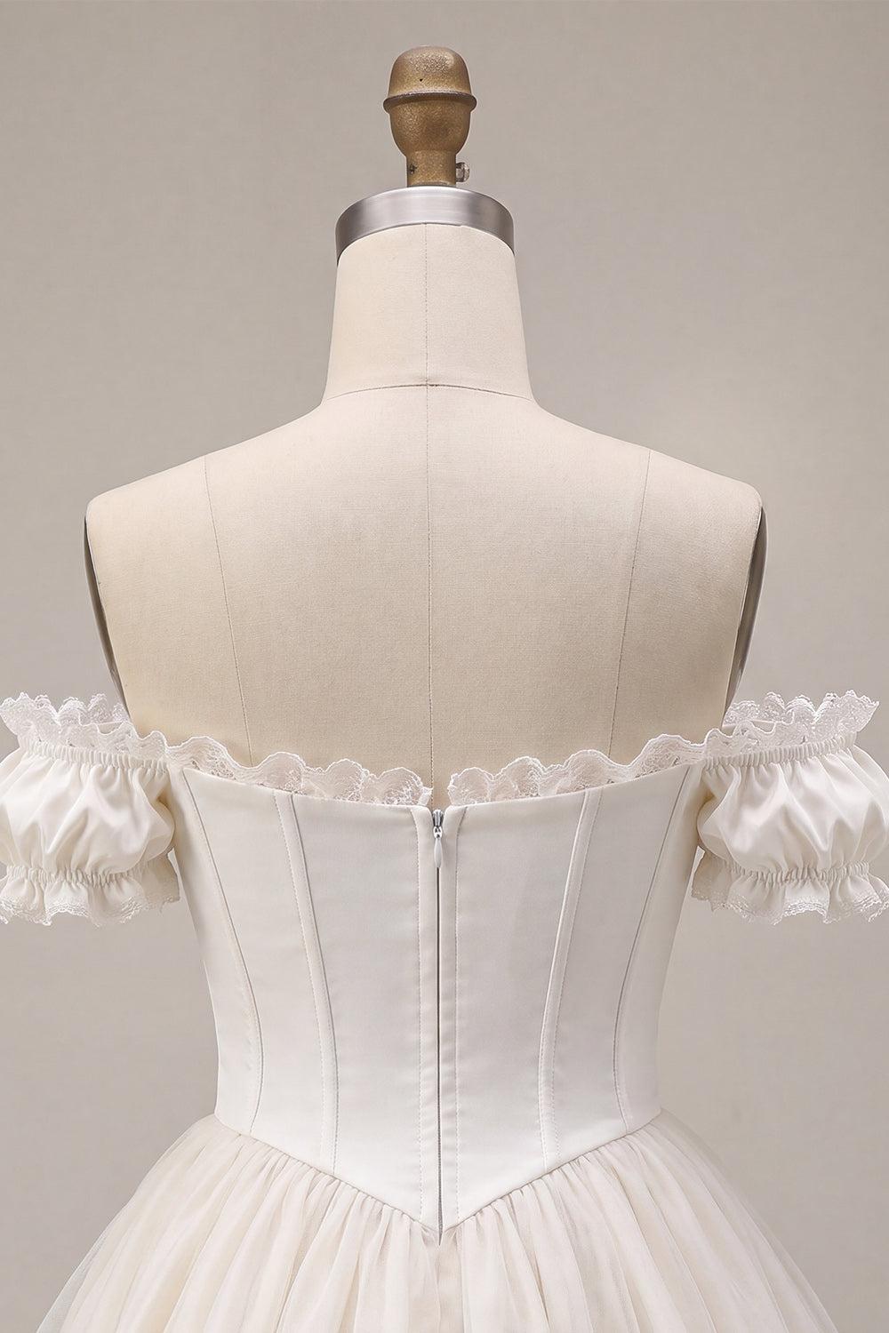 Dressystars Ivory Ruffled A Line Corset Short Homecoming Dress with 3D Flower