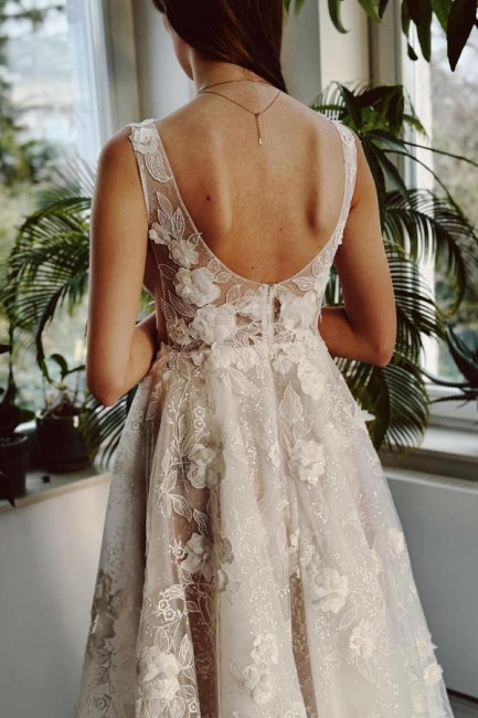 Dressystars Ivory V Neck Wedding Dress A Line Split Front Sleeveless Bridal Gown With Lace