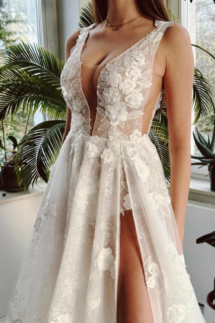 Dressystars Ivory V Neck Wedding Dress A Line Split Front Sleeveless Bridal Gown With Lace