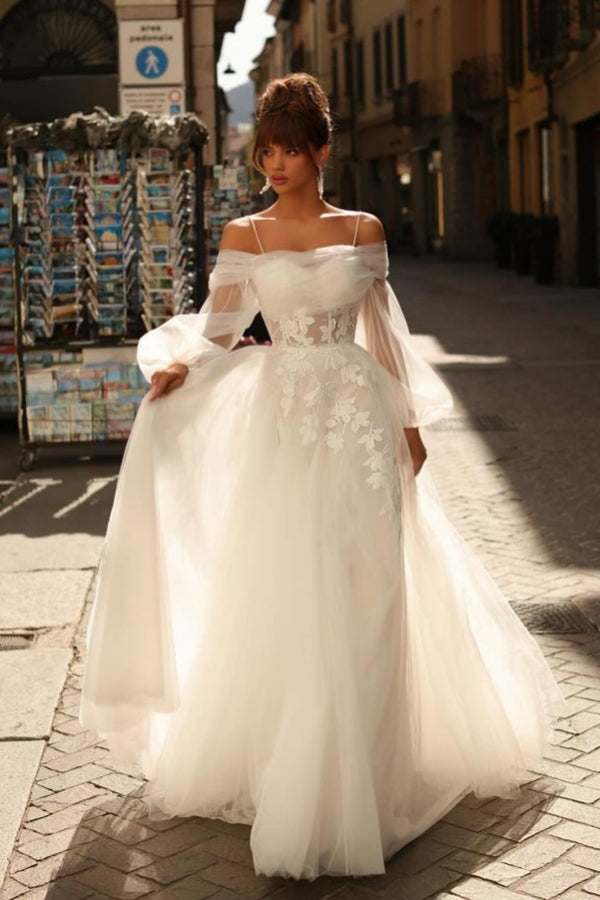 Dressystars Ivory Wedding Dress A Line Spaghetti Straps Lace Tulle Bridal Gown