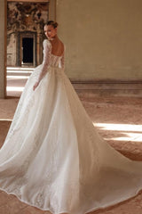 Dressystars Ivory Wedding Dress A Line Square Neck Lace Beading Bridal Gown With Sleeves