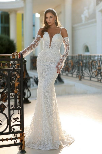 Dressystars Ivory Wedding Dress Mermaid Spaghetti Straps Lace Bridal Gown With Detachable Panel Train