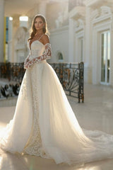 Dressystars Ivory Wedding Dress Mermaid Spaghetti Straps Lace Bridal Gown With Detachable Panel Train