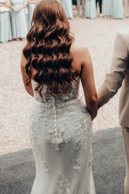 Dressystars Ivory Wedding Dress Mermaid Strapless Lace Bridal Gown With Train