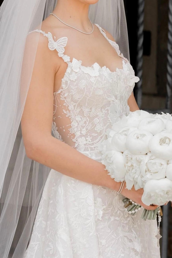 Dressystars Ivory Wedding Dress Sleeveless Lace Bridal Gown With Detachable Panel Train