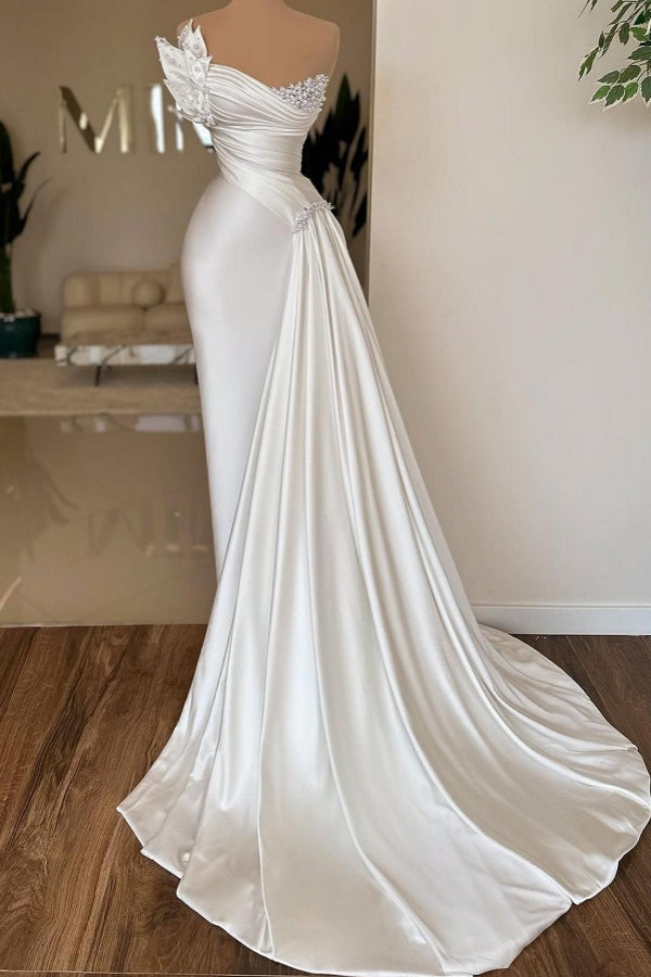 Dressystars Ivory Wedding Dress Strapless Satin Pleated Bridal Gown With Pearls