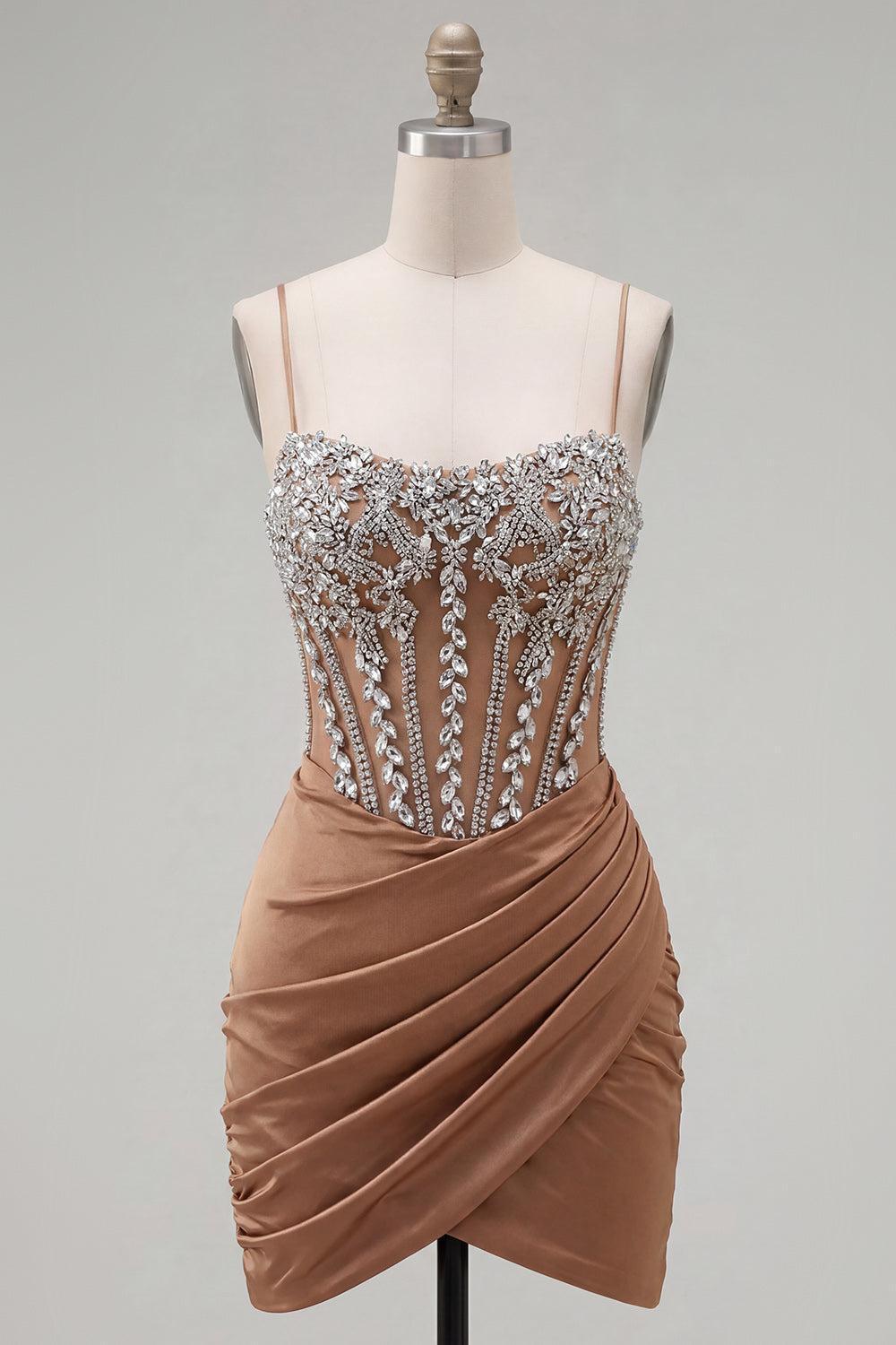 Dressystars Khaki Tight Ruched Short Corset Homecoming Dress with Rhinestones